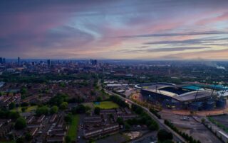 Manchester skyline over the Etihad Stadium