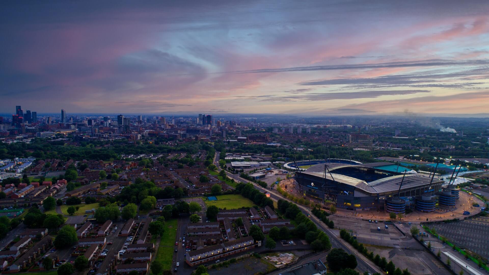 Manchester skyline over the Etihad Stadium
